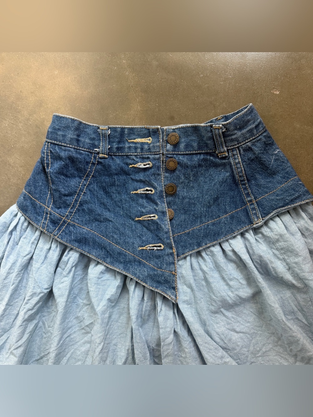 Vintage Denim 2 Tone Cotton Blue Tiered Basque Waist Skirt Sz 5 made in USA